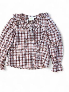 Maeve by Anthropology White and Brown Plaid Ruffle-Neck Blouse